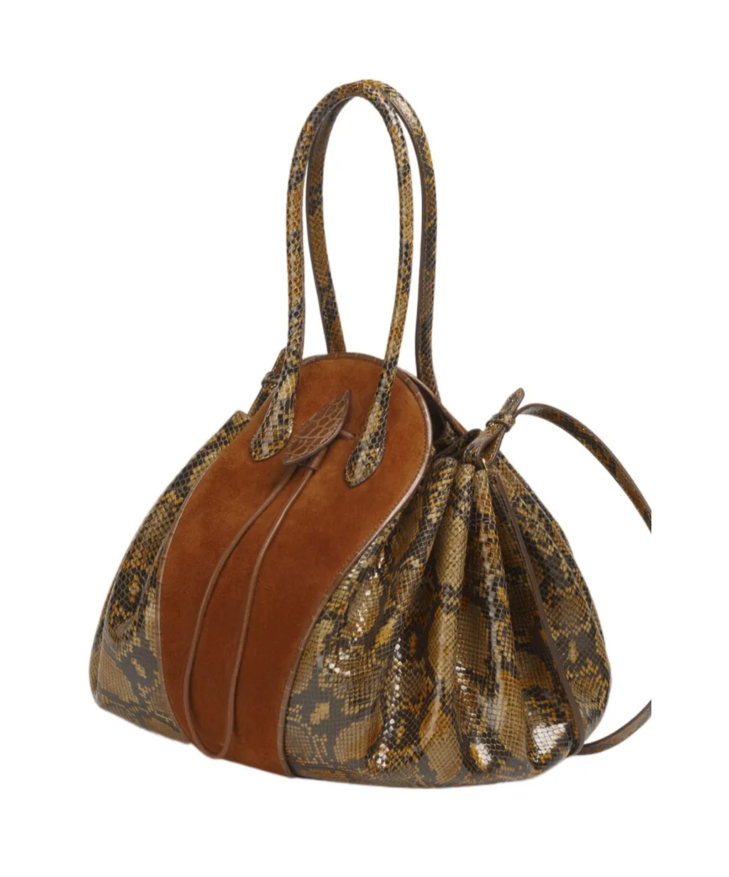 Brown Suede And Python-Print Leather Tulipea Large Handbag