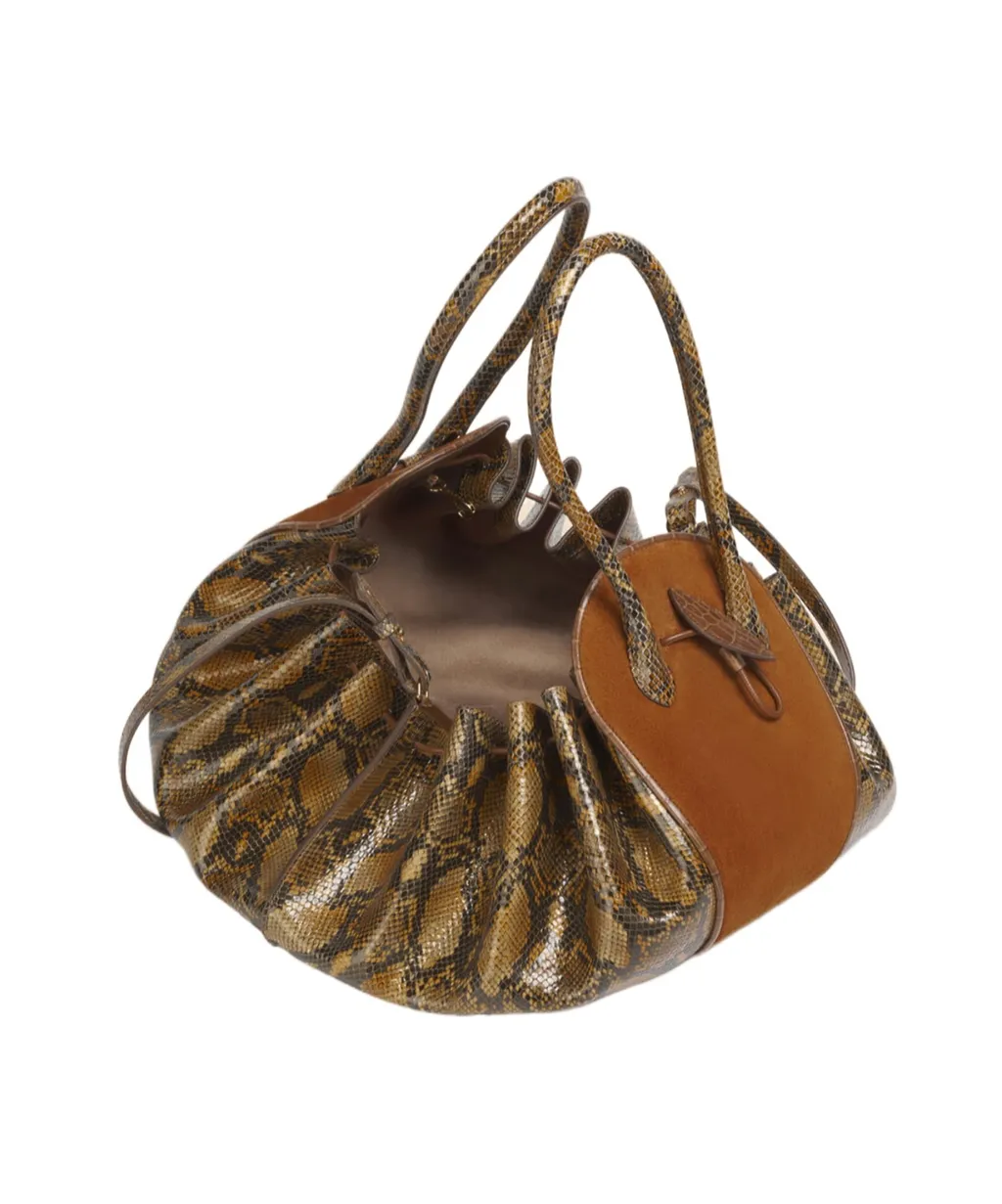 Brown Suede And Python-Print Leather Tulipea Large Handbag