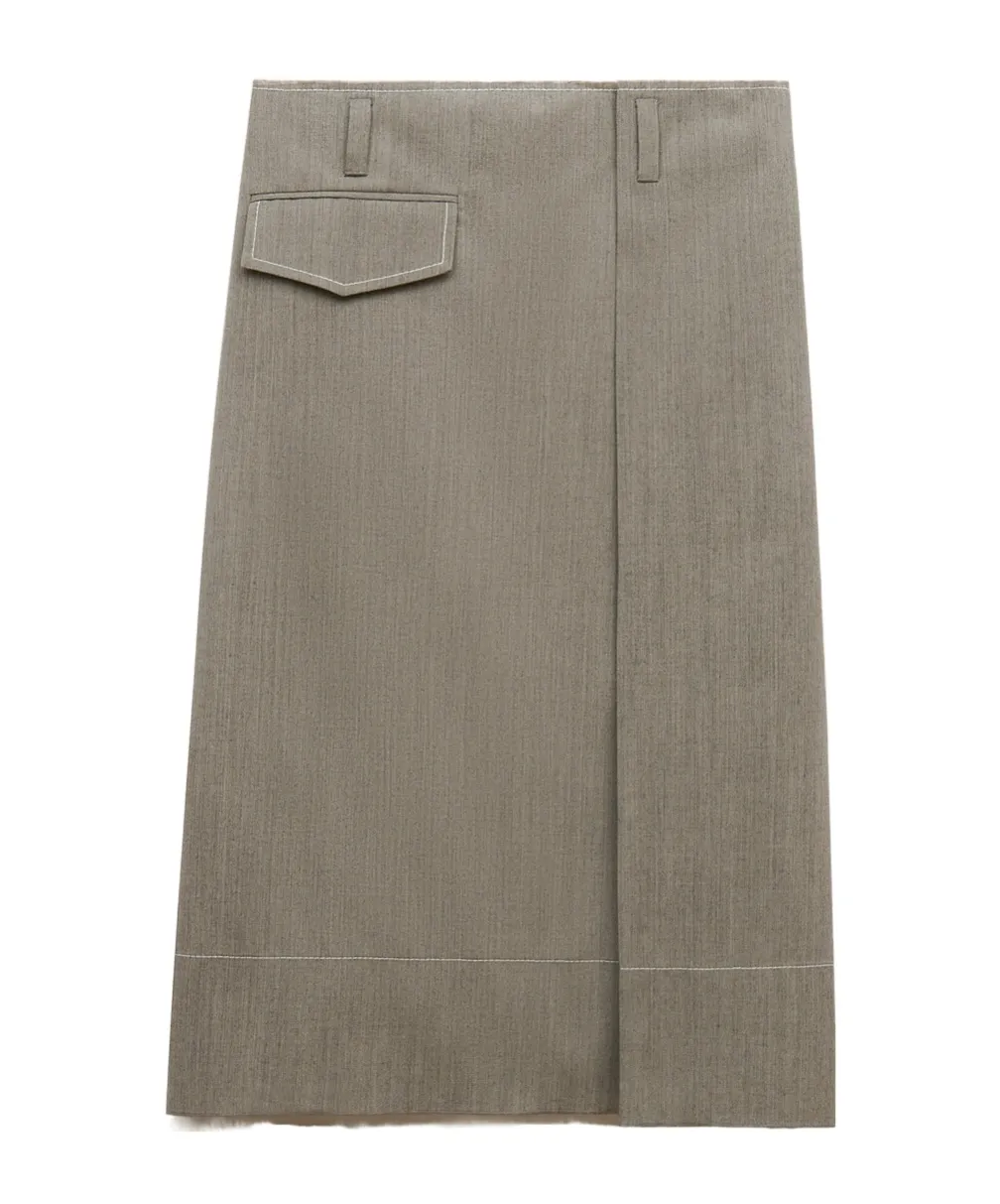 Grey Wool Midi Skirt With Pocket