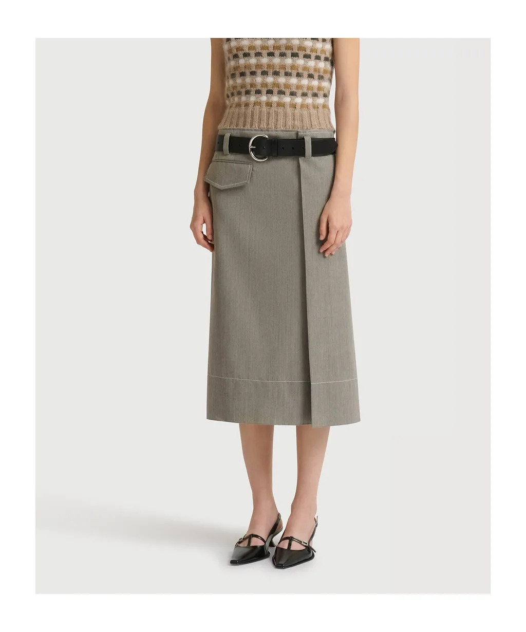 Grey Wool Midi Skirt With Pocket