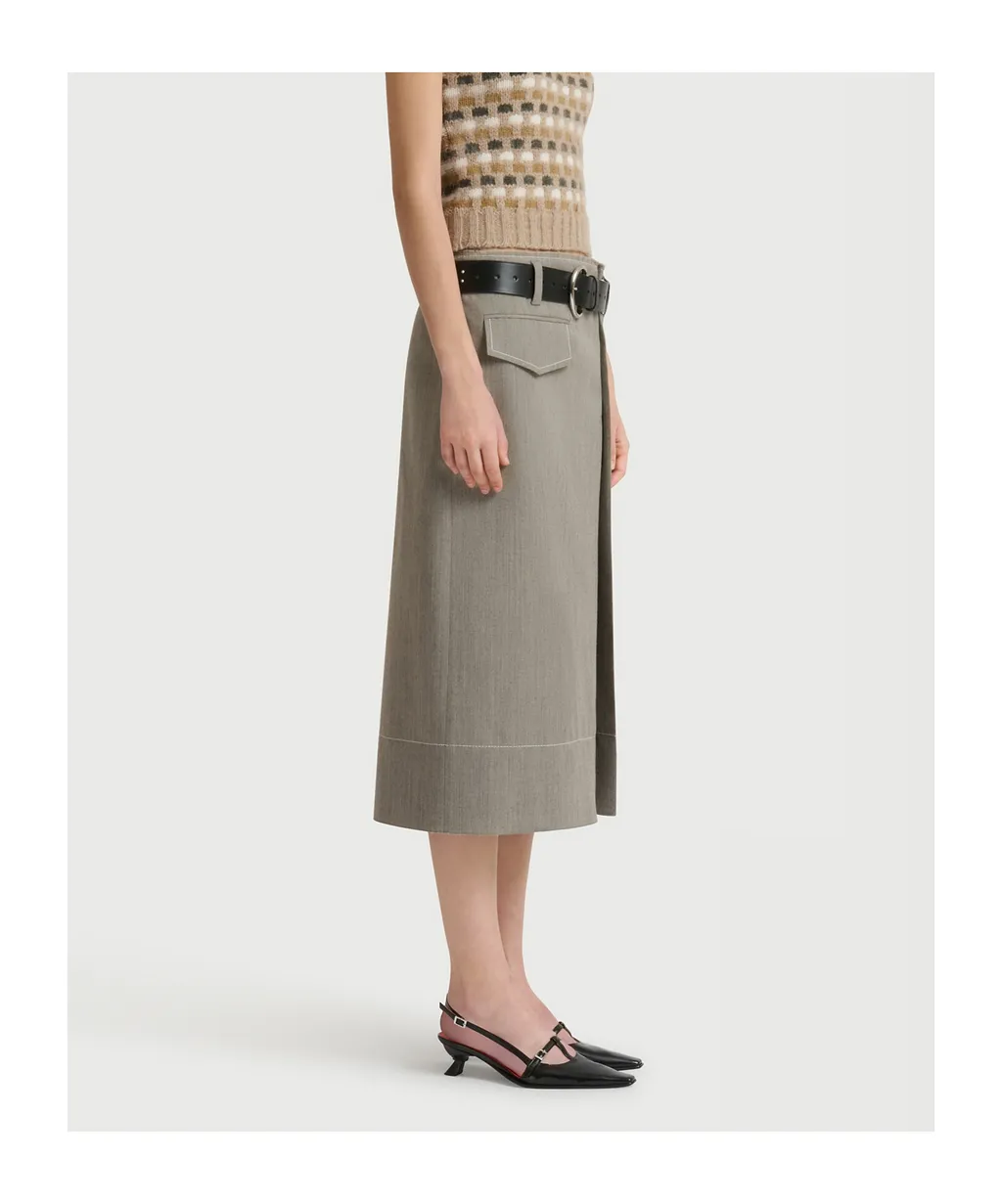Grey Wool Midi Skirt With Pocket