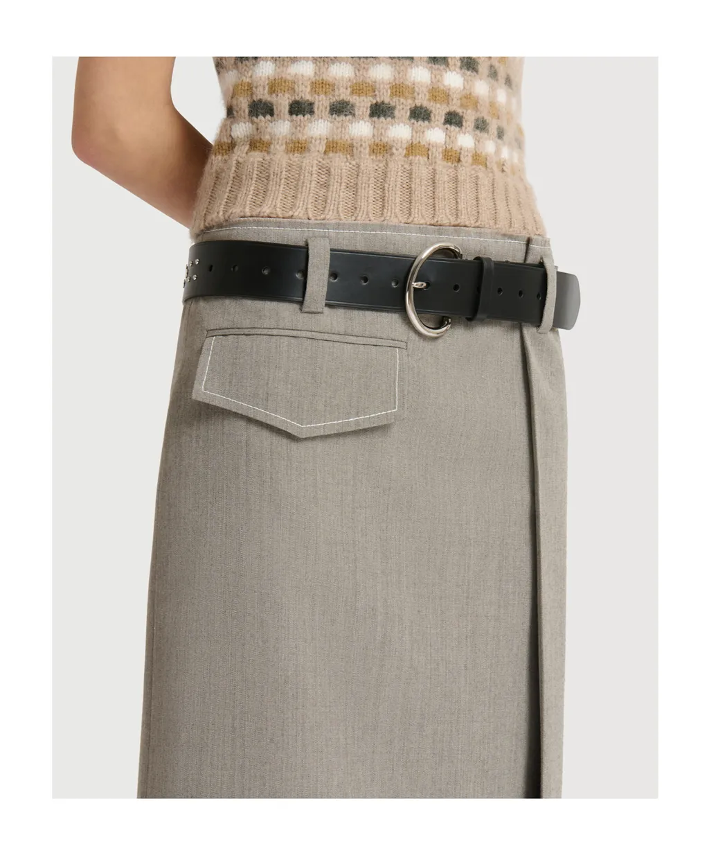 Grey Wool Midi Skirt With Pocket