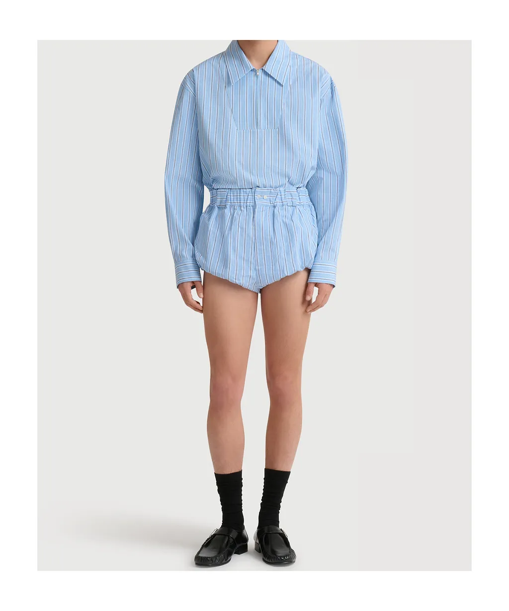Light Blue Striped Poplin Shirt With Bib Insert