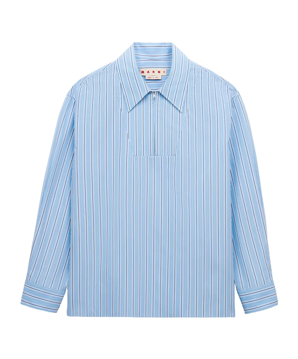 Light Blue Striped Poplin Shirt With Bib Insert