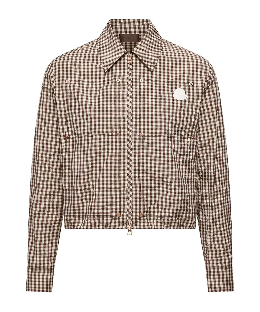 Moncler Gingham Logo Patch Zip-Up Shirt
