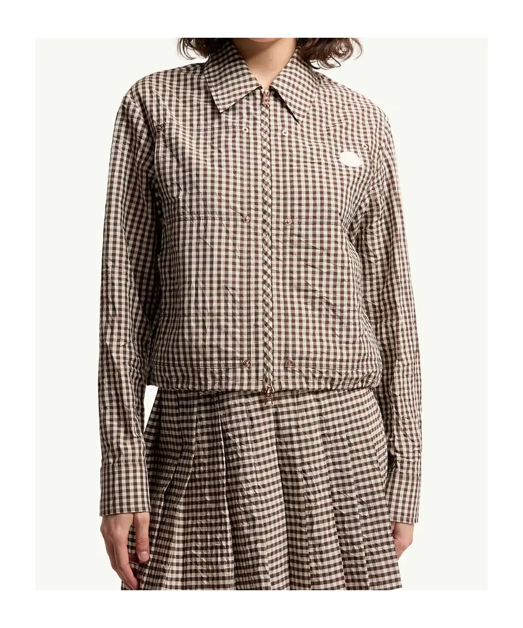 Moncler Gingham Logo Patch Zip-Up Shirt