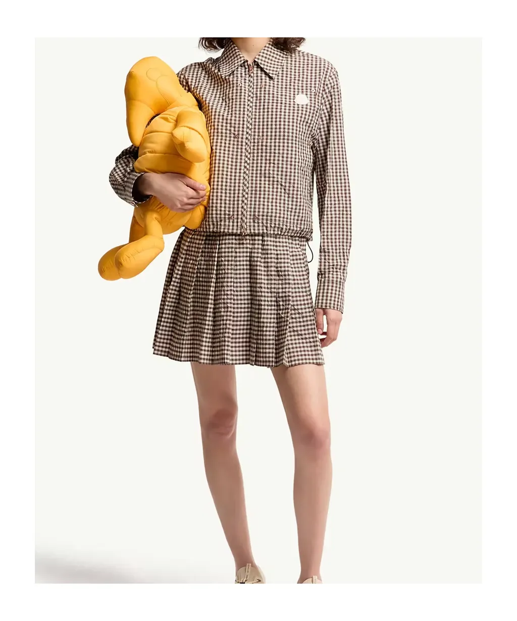 Moncler Gingham Logo Patch Zip-Up Shirt
