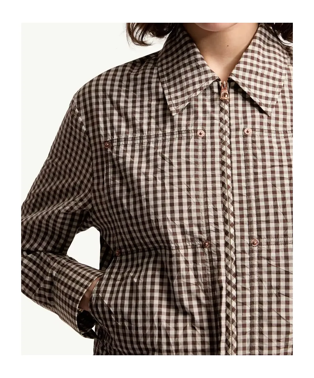 Moncler Gingham Logo Patch Zip-Up Shirt