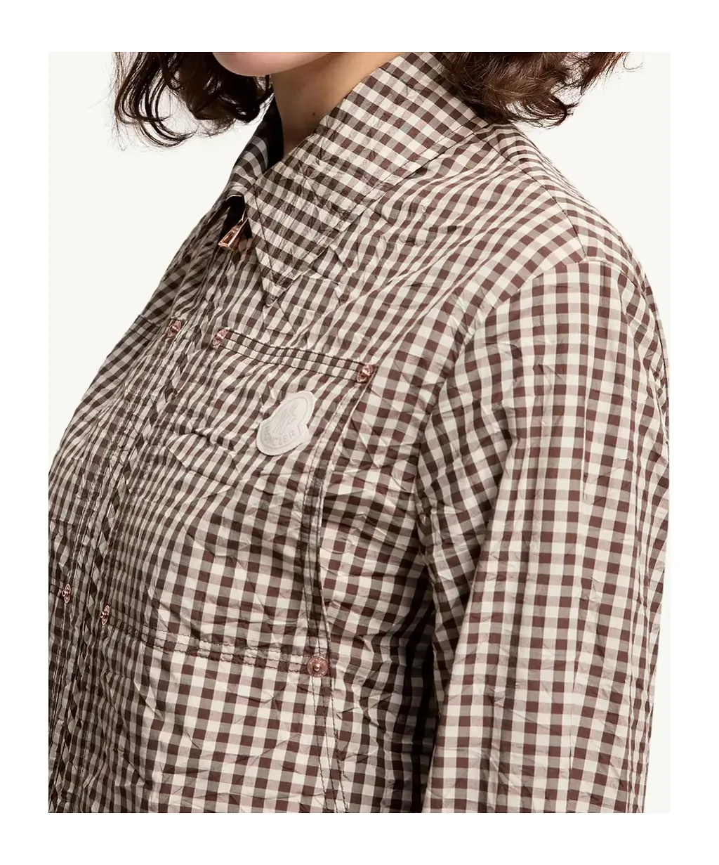 Moncler Gingham Logo Patch Zip-Up Shirt
