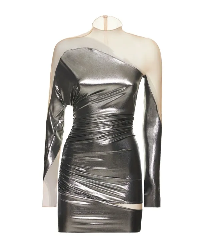 Metallic Jersey & Tulle Mini Dress