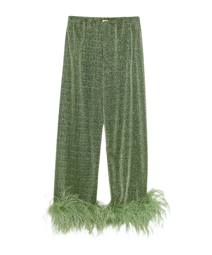 OsÉRee Glitter Feather-Trim Pants