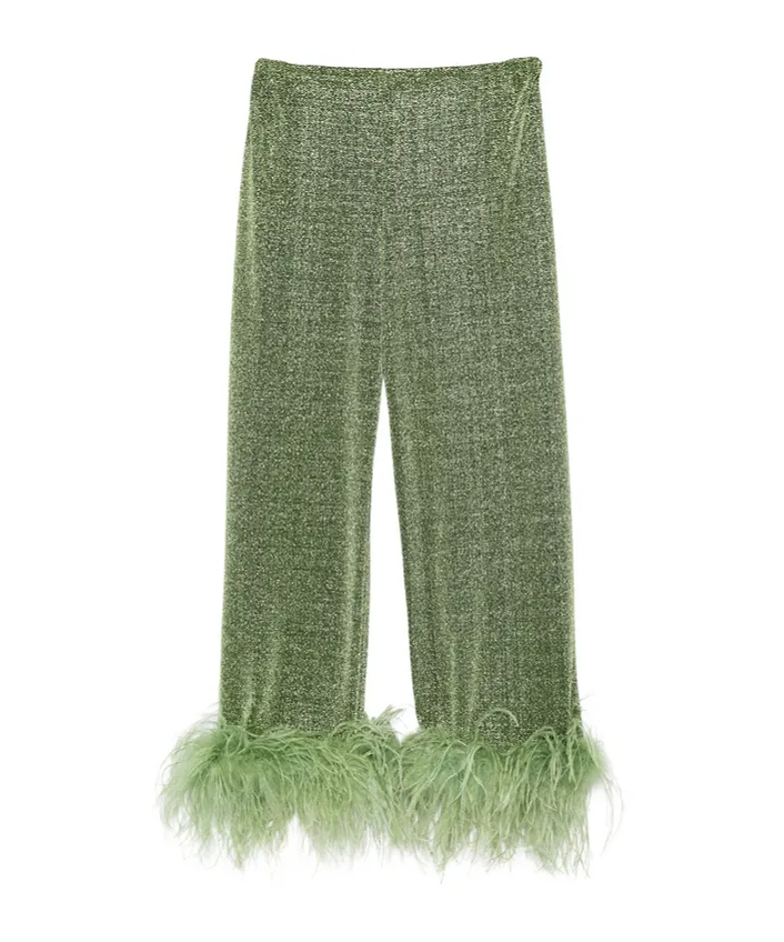 OsÉRee Glitter Feather-Trim Pants