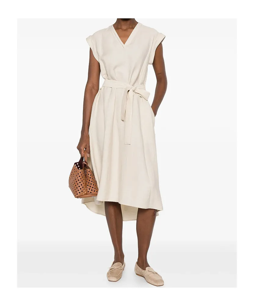 V-Neck Belted-Waist Midi Dress
