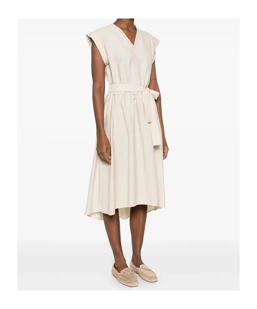 V-Neck Belted-Waist Midi Dress