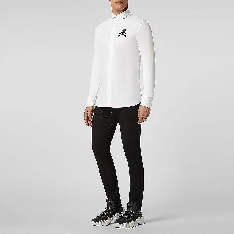 Skull Embroidered Long-Sleeved Shirt