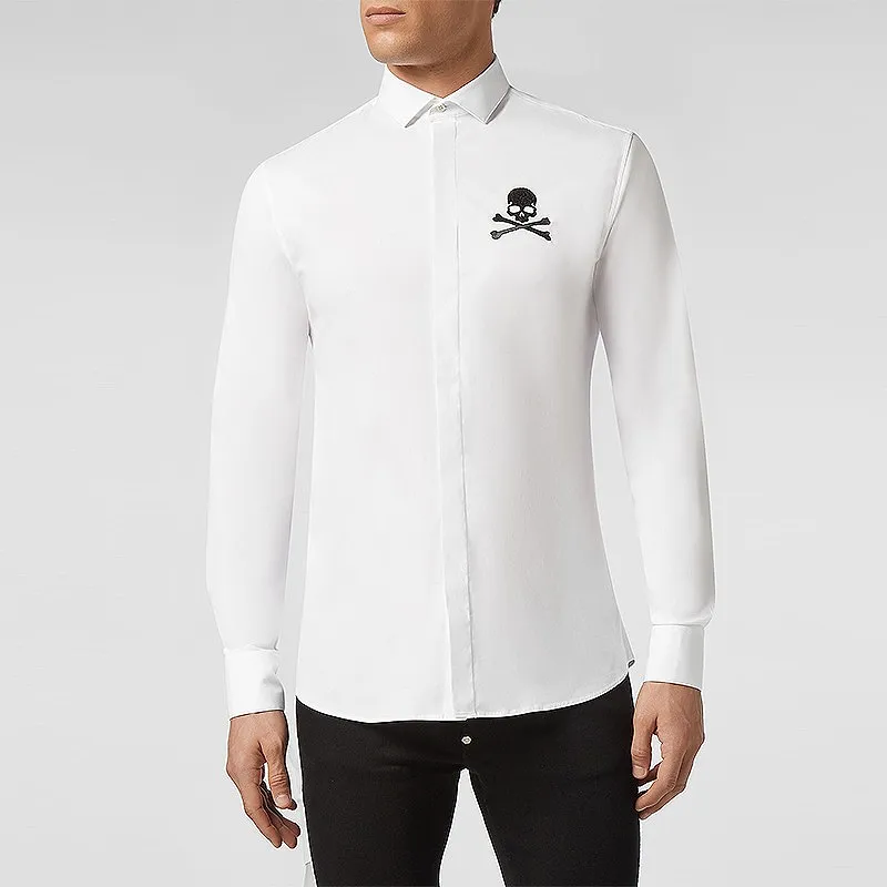 Skull Embroidered Long-Sleeved Shirt