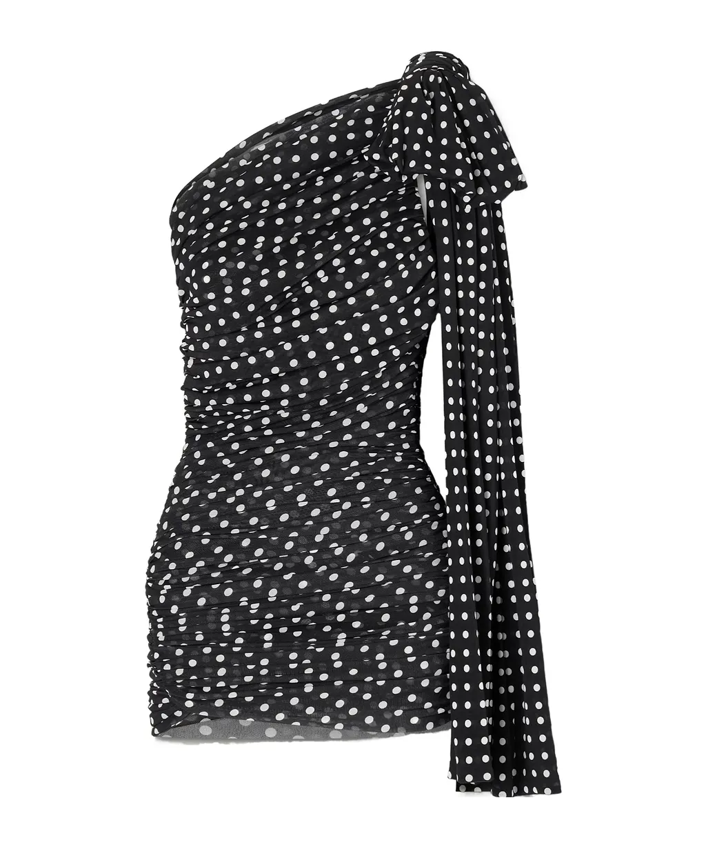 One-Shoulder Draped Polka Dot Knit Mini Dress