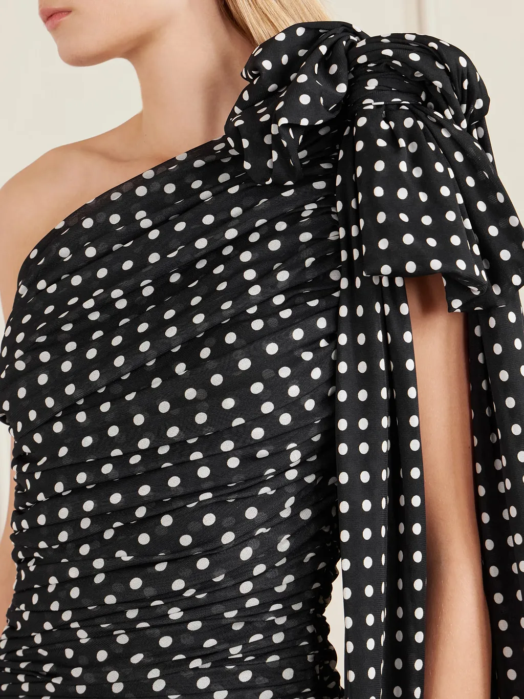 One-Shoulder Draped Polka Dot Knit Mini Dress