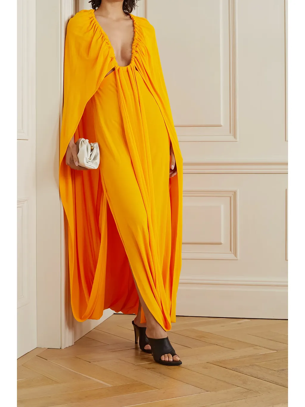 Shawl-Style Pleated Knit Maxi Dress