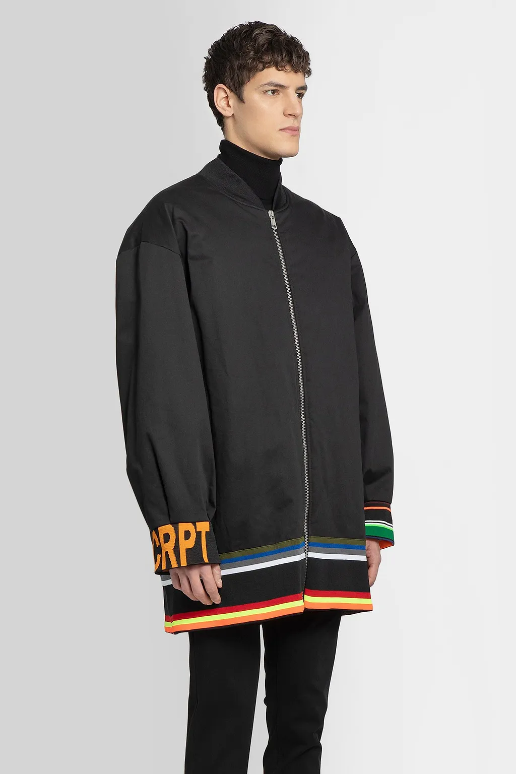 Stripe-Detail Zip-Fastening Coat
