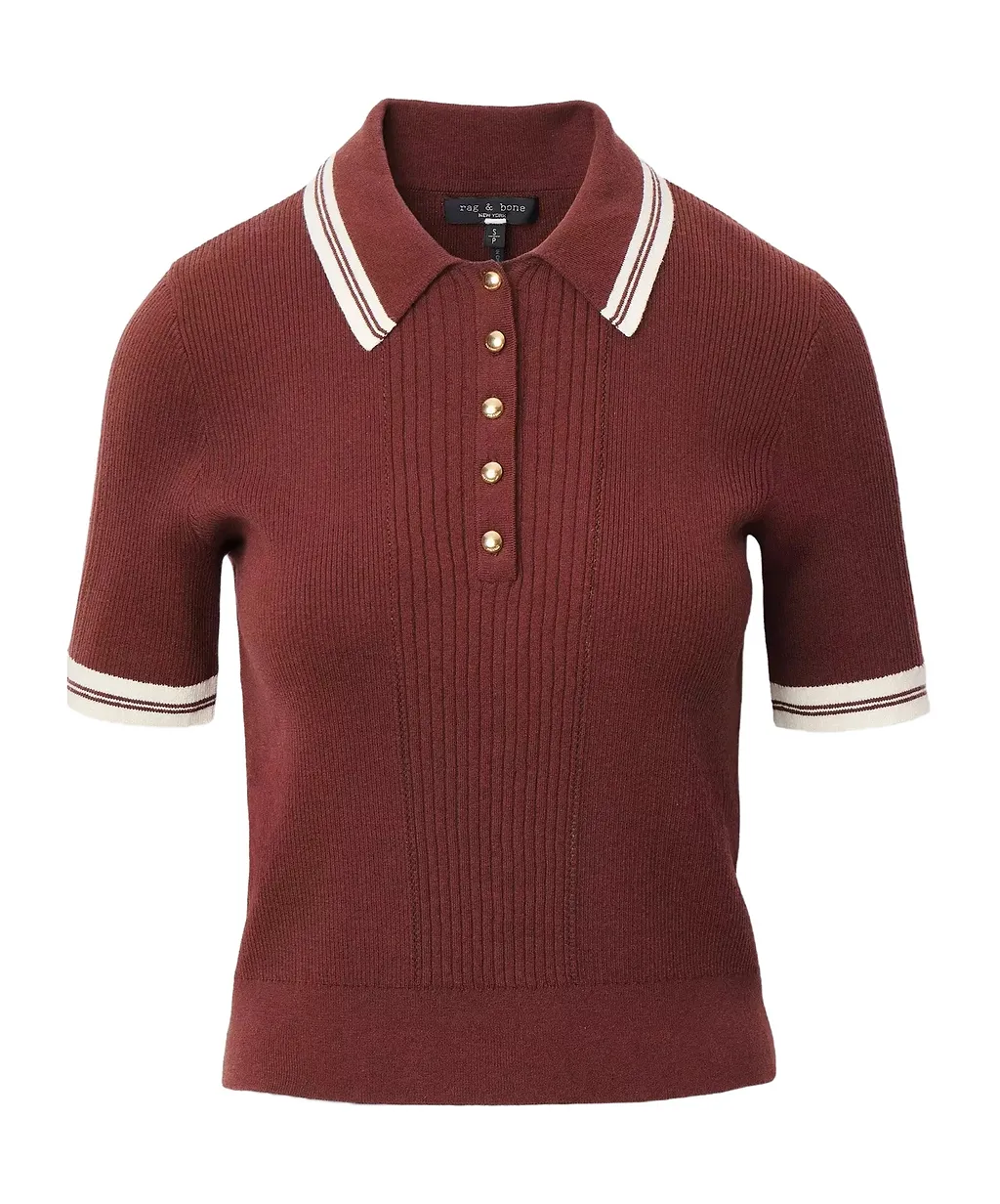 Rag & Bone Ribbed Contrast-Trim Ribbed Polo Top