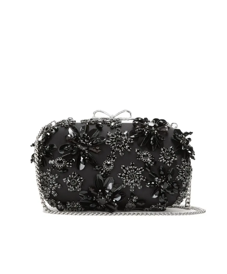 Black Satin Floral Crystal Clutch Bag