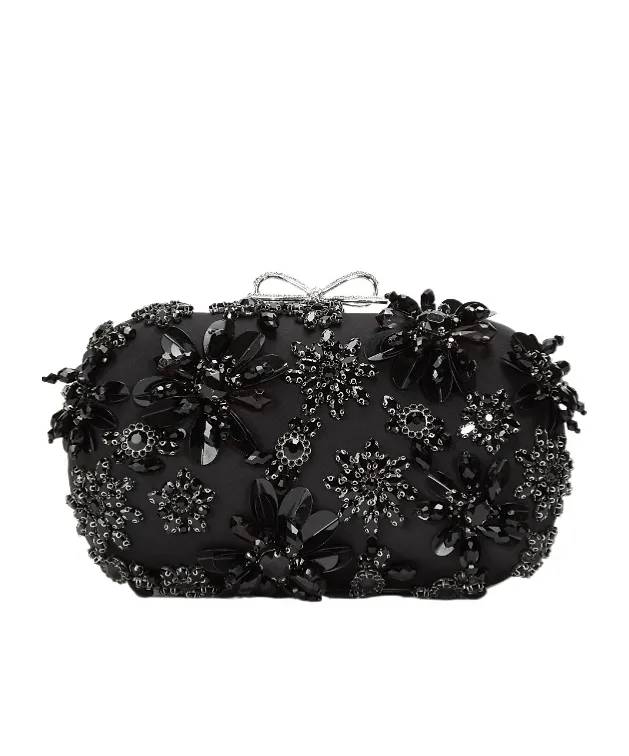 Black Satin Floral Crystal Clutch Bag