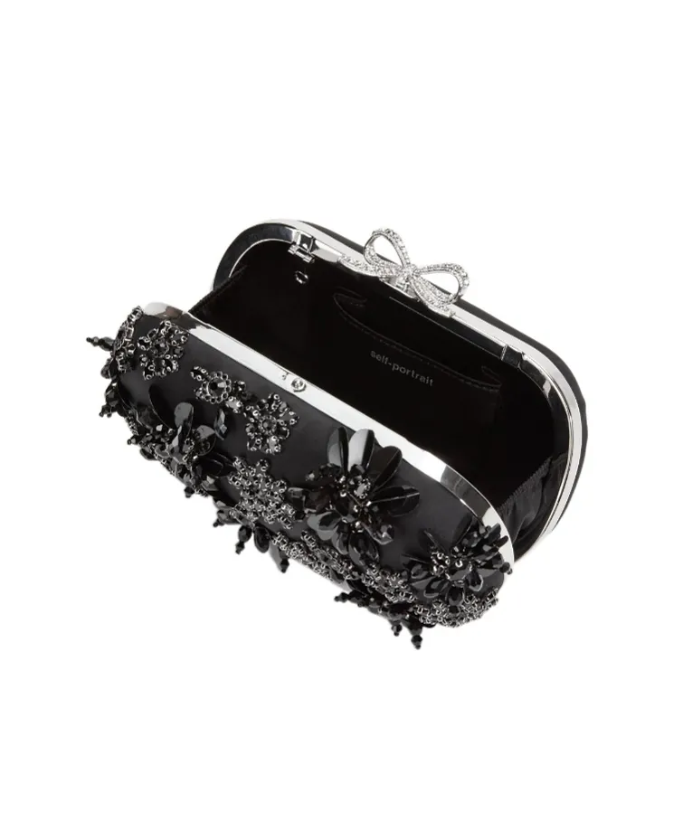 Black Satin Floral Crystal Clutch Bag