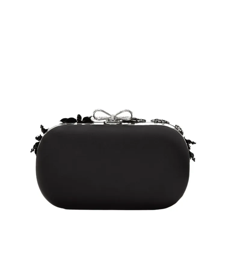 Black Satin Floral Crystal Clutch Bag