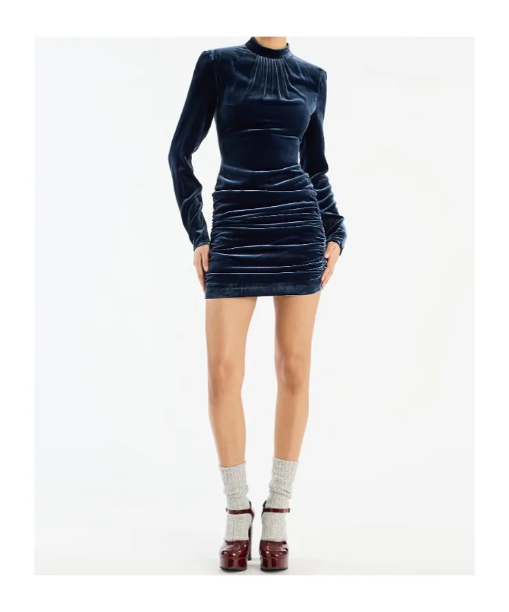 Rotate Long-Sleeved Velvet Mini Dress