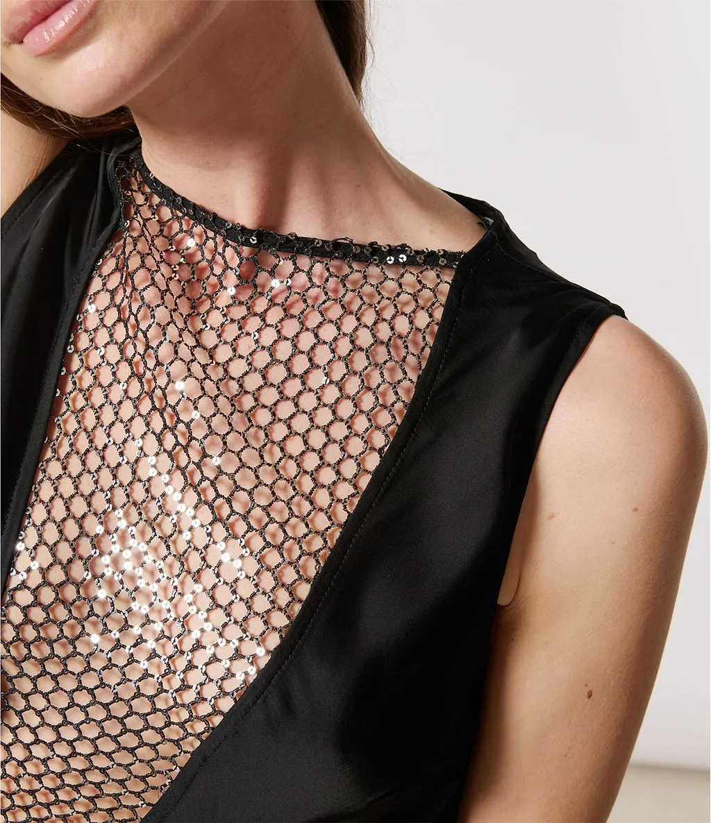 Rotate Sequined V-Neck Sleeveless Midi Dress