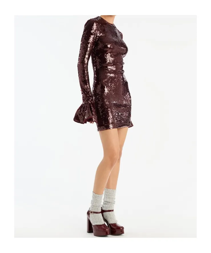 Rotate Sequined Flared-Cuff Dress