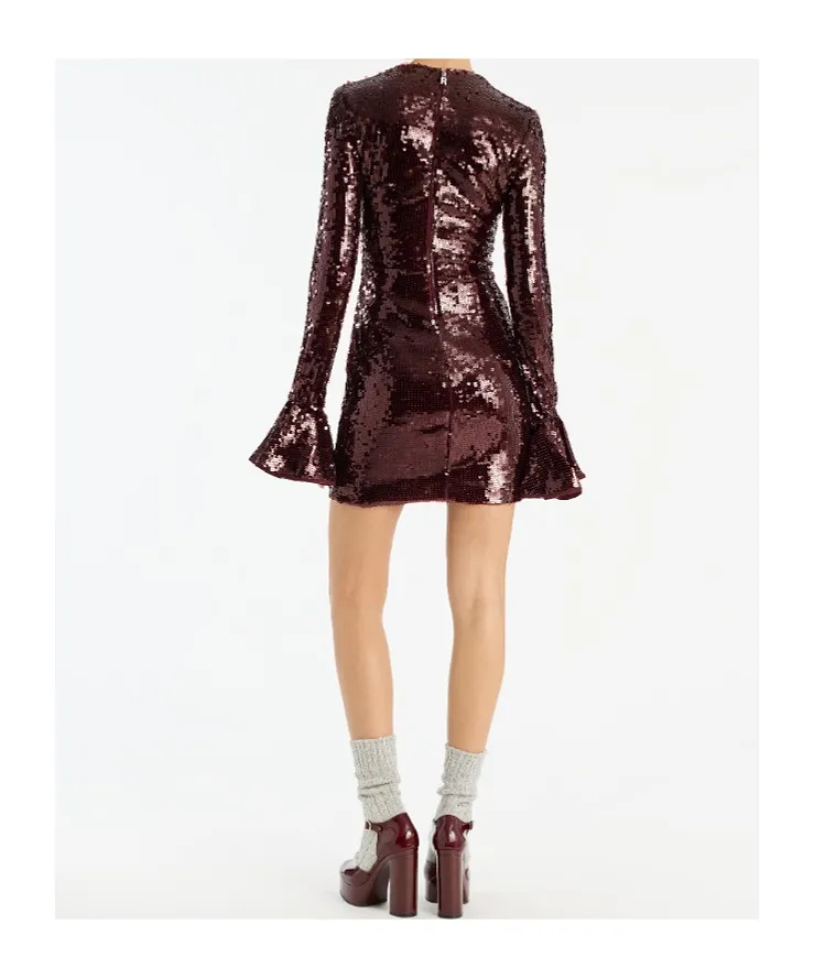 Rotate Sequined Flared-Cuff Dress