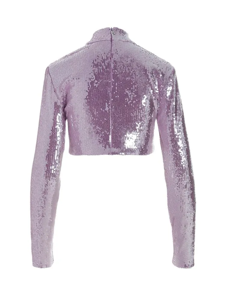 Rotate Sequinned High-Neck Cropped Top