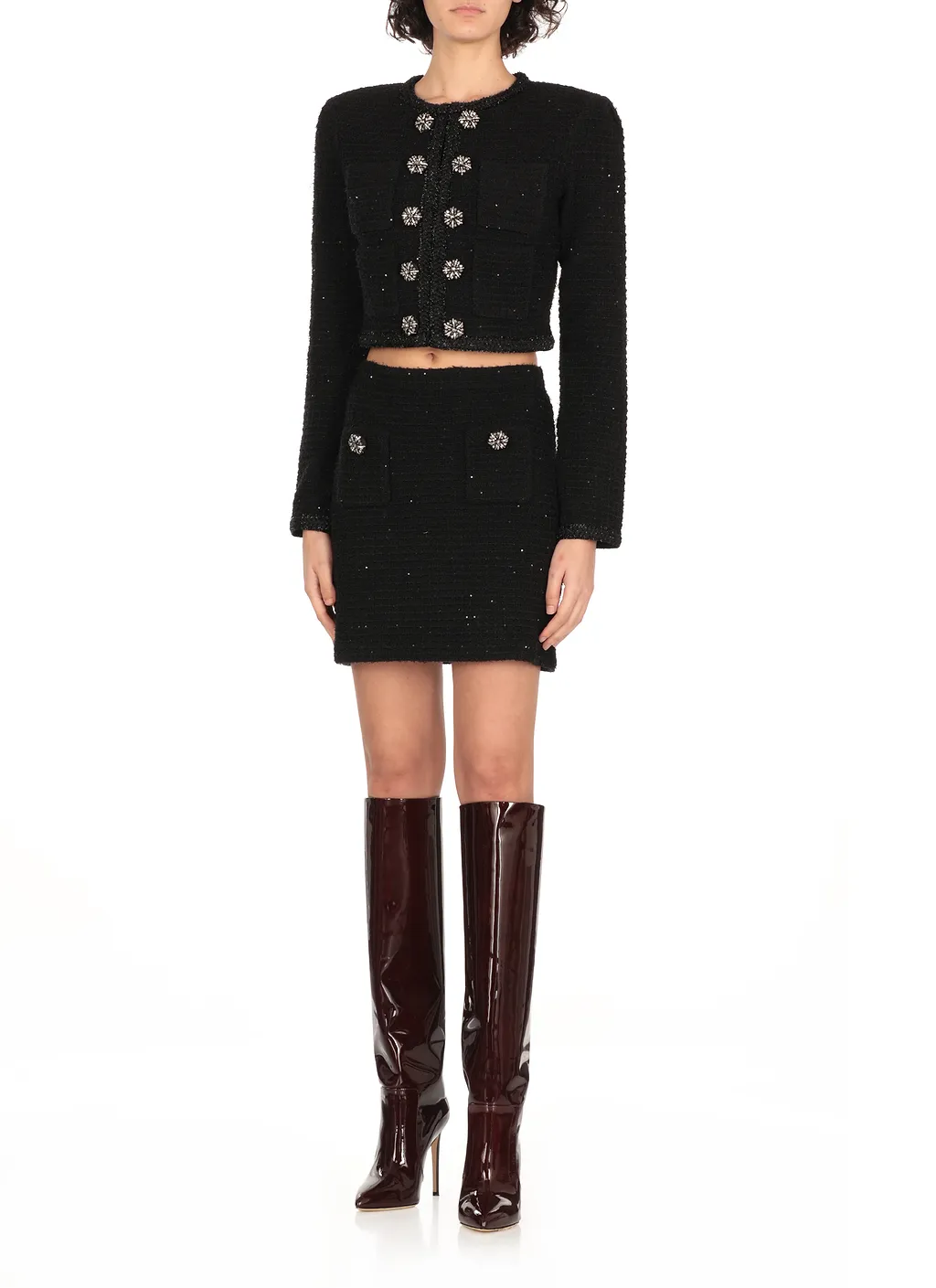 Self-Portrait Textured Cropped Knitted Jacket