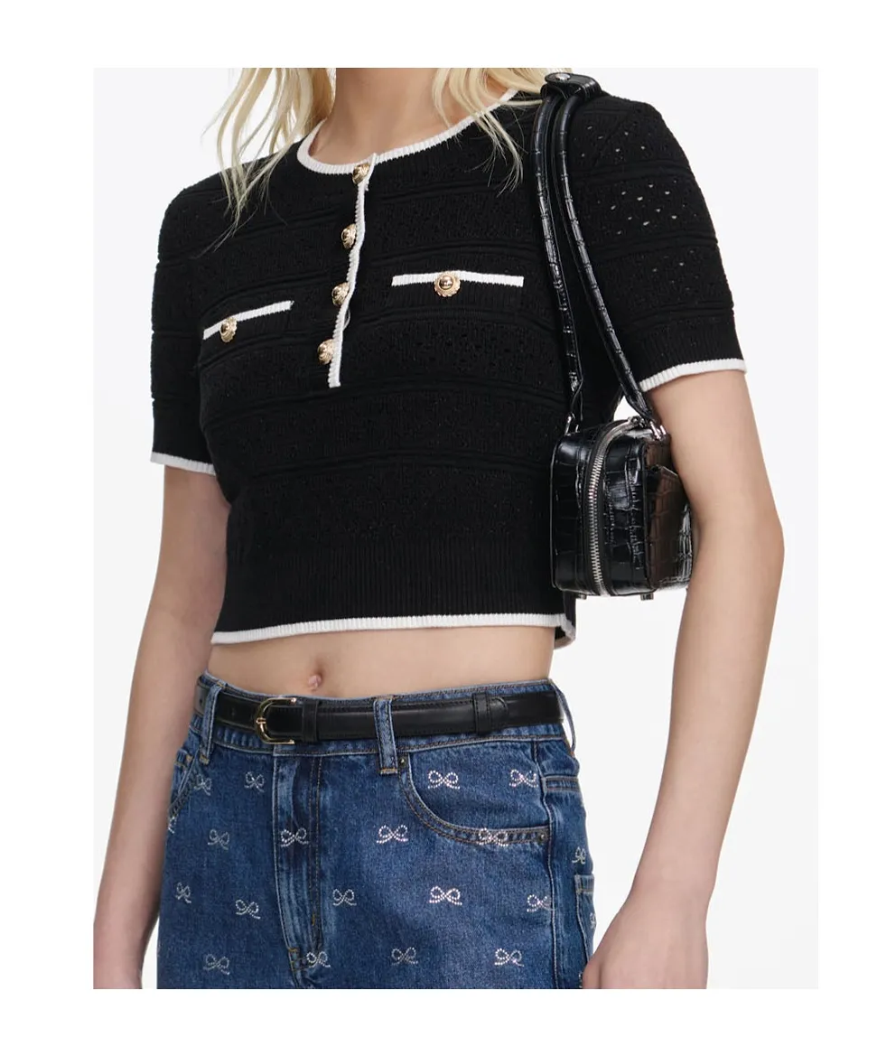 Self-Portrait Pointelle Button Knitted Top