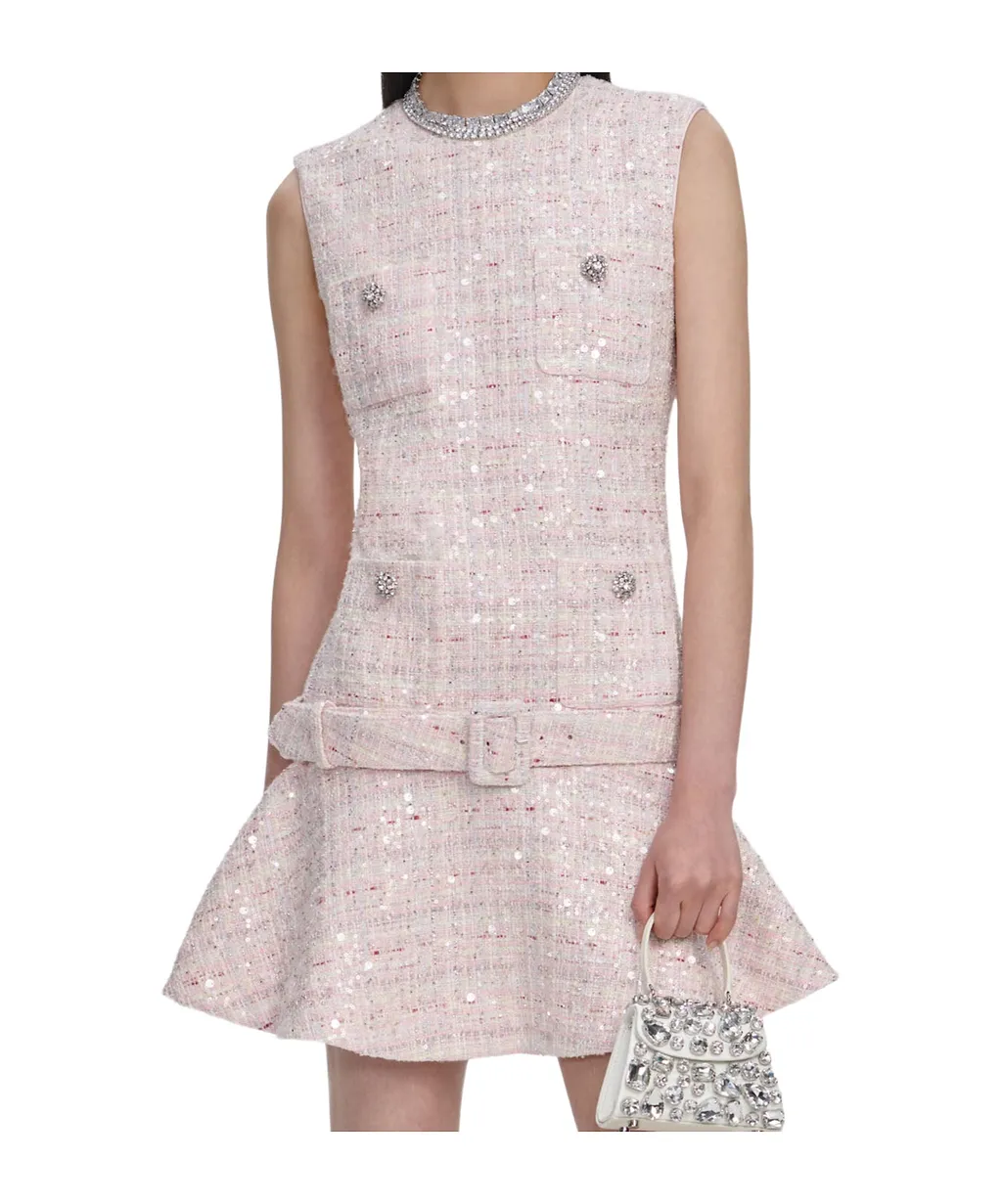 Sequin-Embellished Belted Mini Dress
