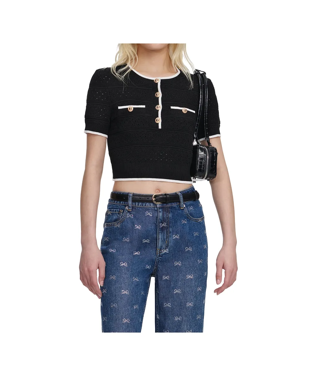 Self-Portrait Pointelle Button Knitted Top