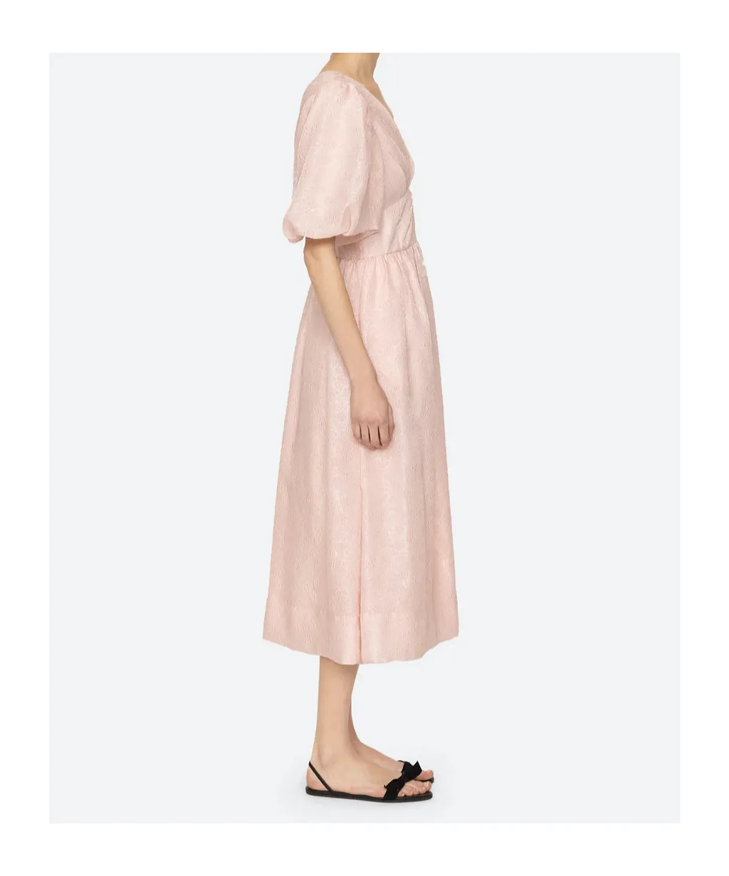 Puff-Sleeve V-Neck Midi Dress