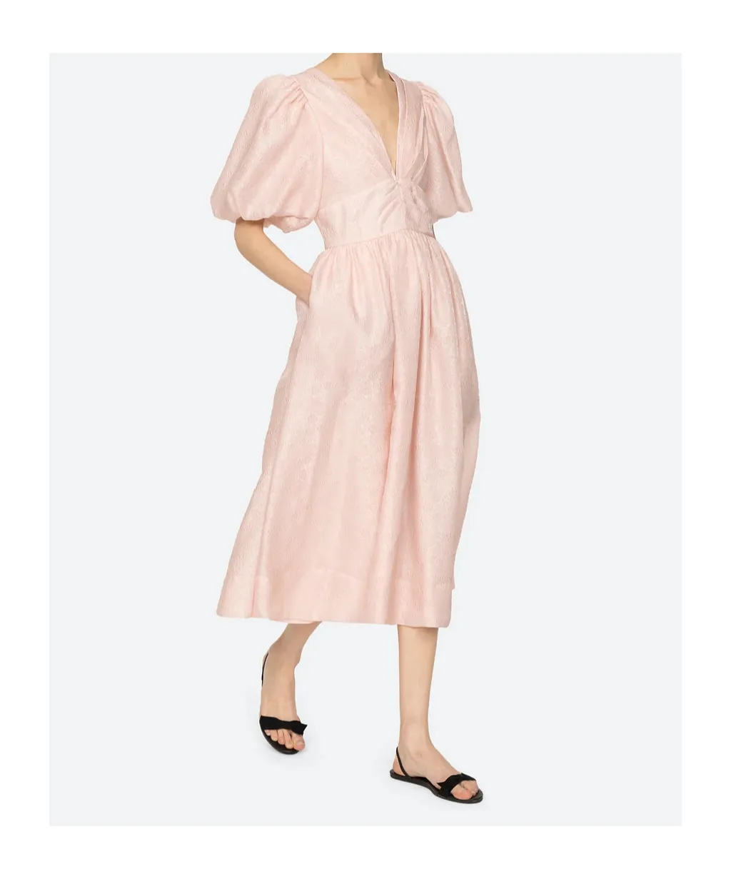 Puff-Sleeve V-Neck Midi Dress