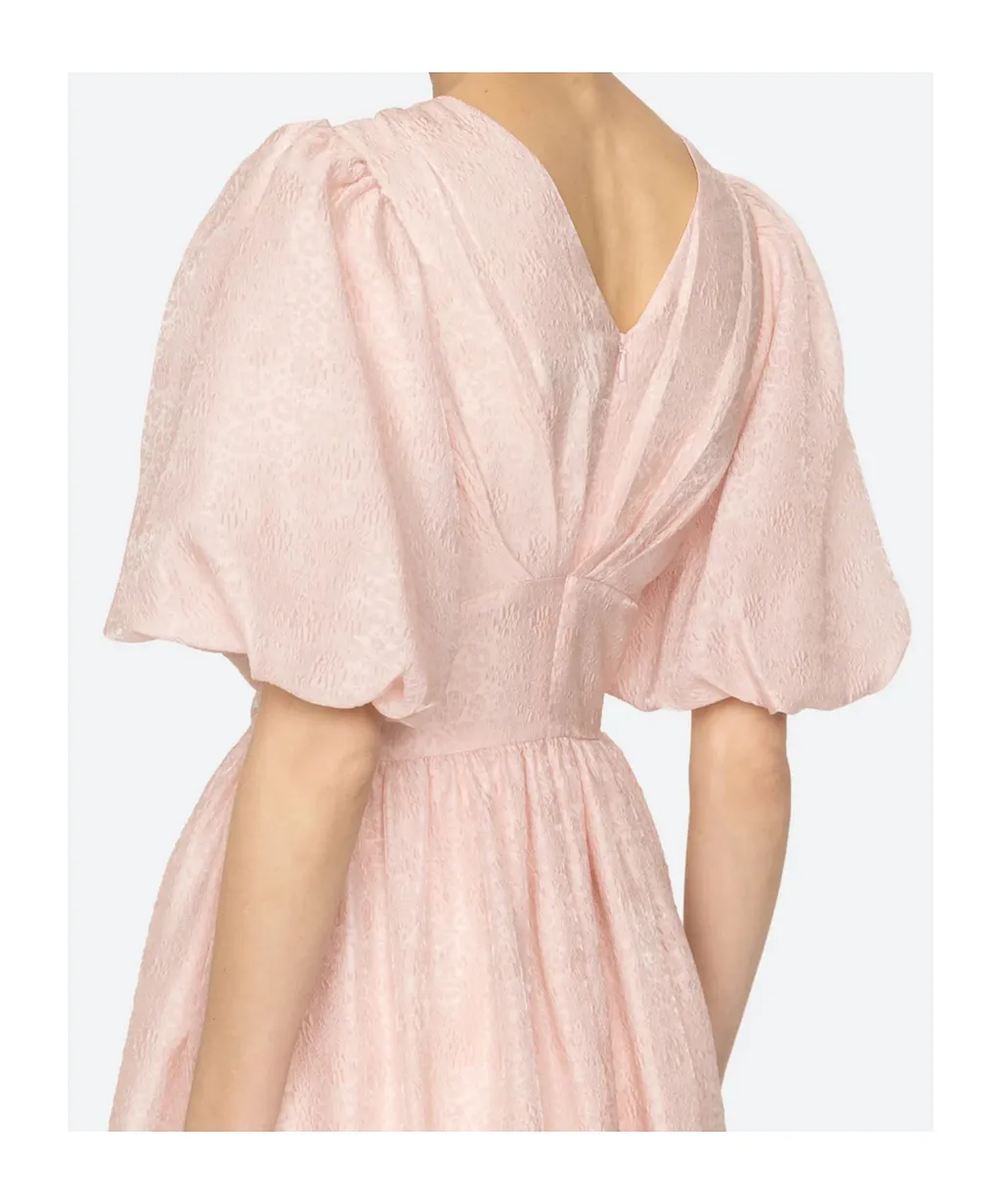 Puff-Sleeve V-Neck Midi Dress