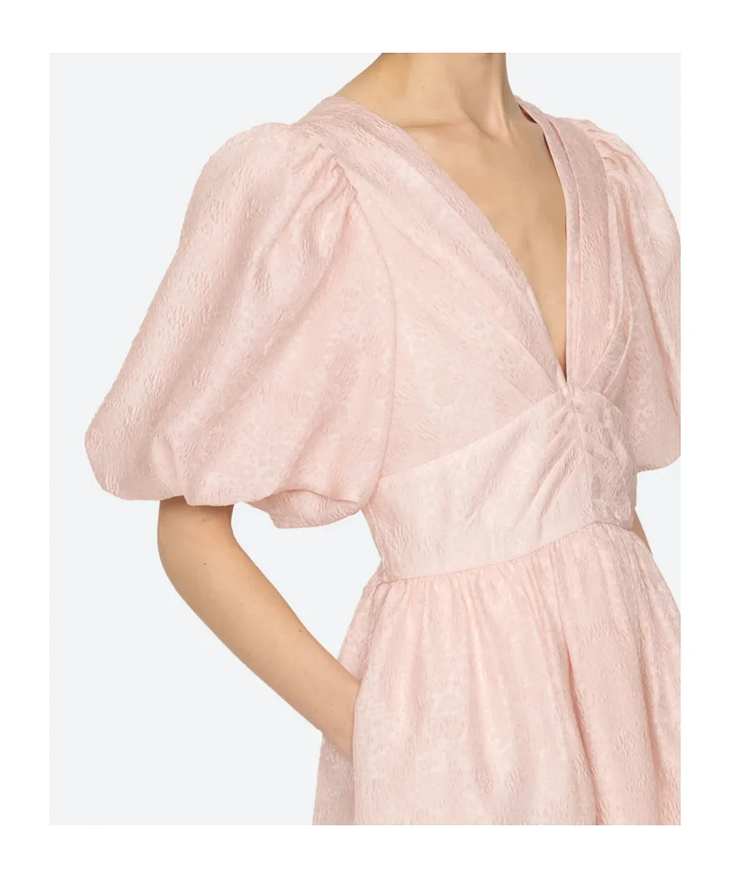 Puff-Sleeve V-Neck Midi Dress