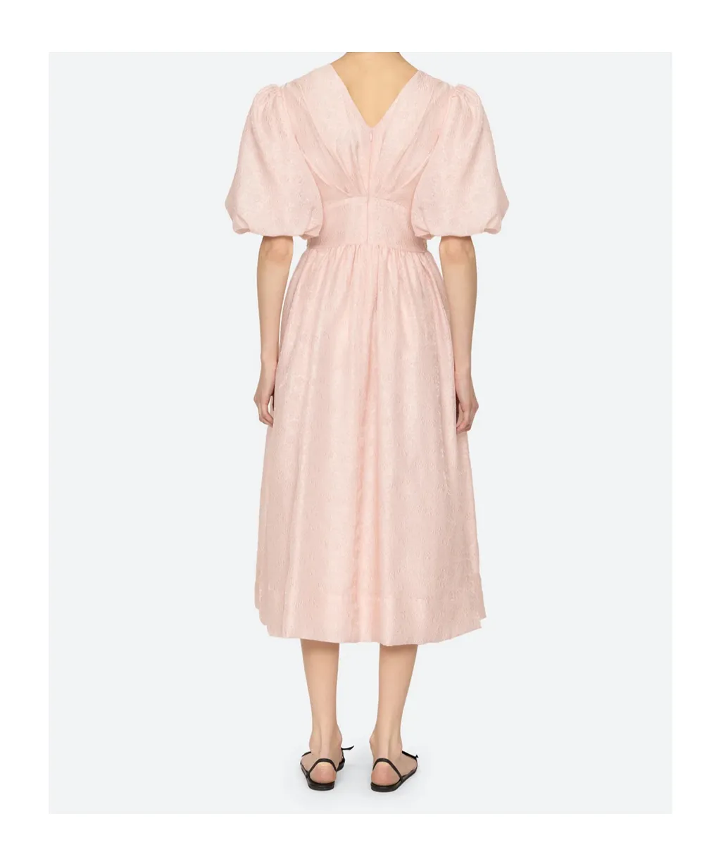 Puff-Sleeve V-Neck Midi Dress