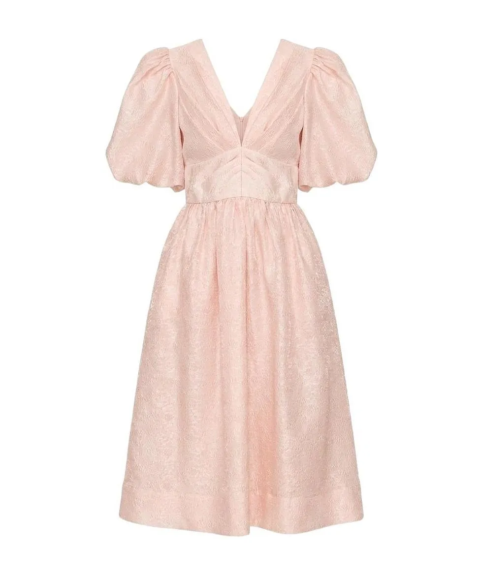 Puff-Sleeve V-Neck Midi Dress