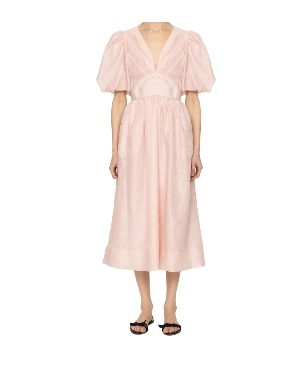 Puff-Sleeve V-Neck Midi Dress