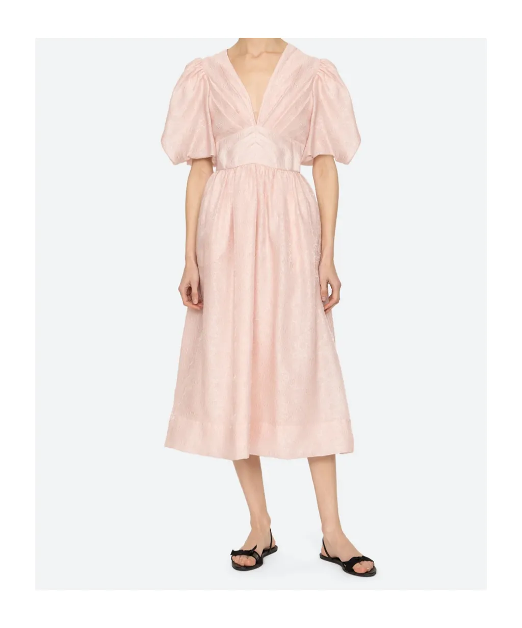 Puff-Sleeve V-Neck Midi Dress