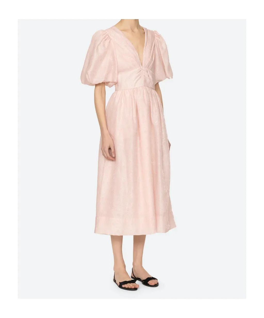 Puff-Sleeve V-Neck Midi Dress