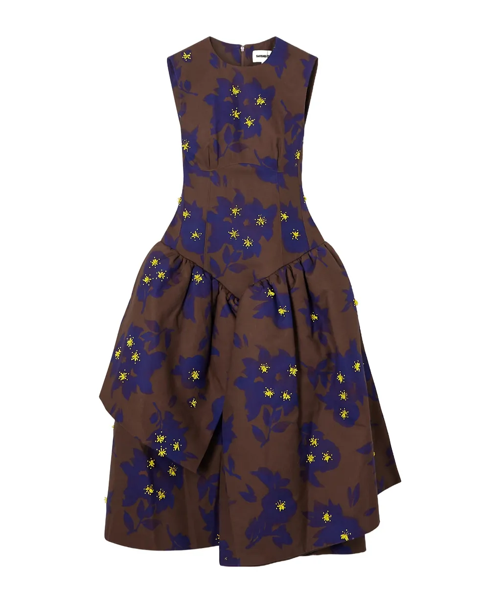 Asymmetric Embellished Gathered Printed Taffeta Dress