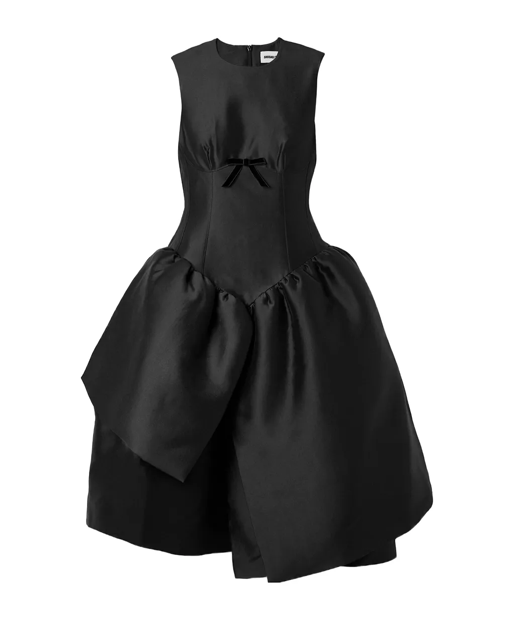 Asymmetric Bow-Detailed Gathered Taffeta Dress