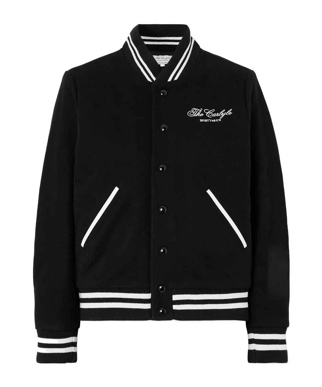 Embroidered Striped Wool Blend Baseball Jacket